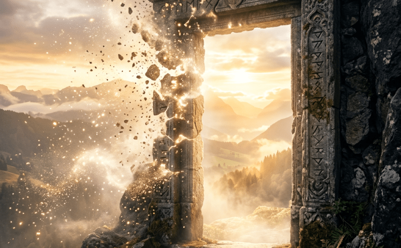 Ancient stone doorway with runes dissolving and glowing particles overlooking misty mountains at sunrise