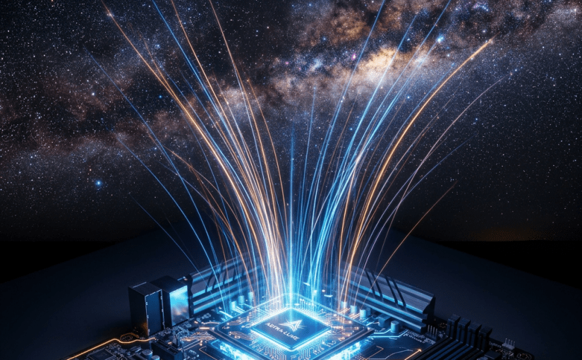 AI chip on circuit board emitting multicolored streams of data with Milky Way galaxy background