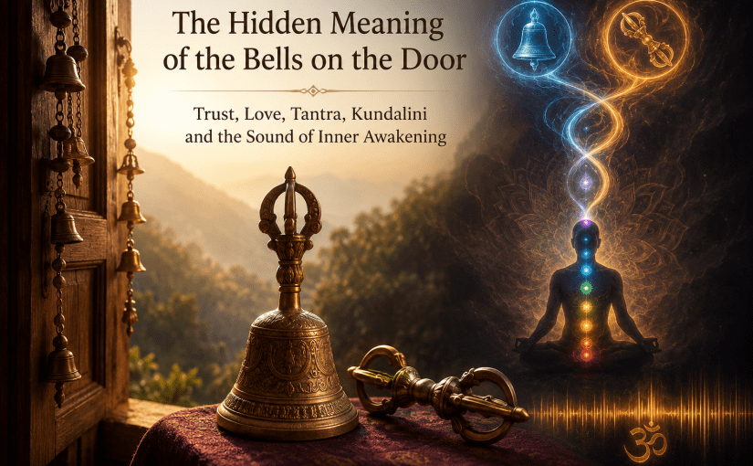 Decorative doorway bells, Vajra and Ghanta symbolizing Tantra, Kundalini awakening, Sushumna, Anahata Nada, meditation, trust, love, surrender, and Self-realization.