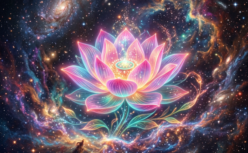 Glowing lotus flower with pink and blue petals surrounded by stars and galaxies in space