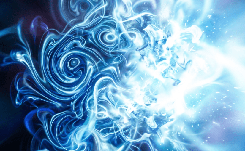Blue swirling abstract patterns with glowing light and energy effects