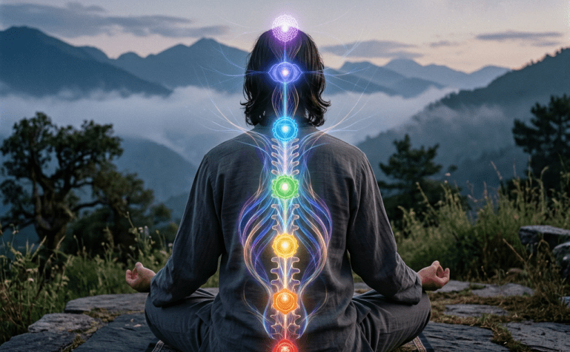 Person meditating facing mountains with illuminated chakras along spine