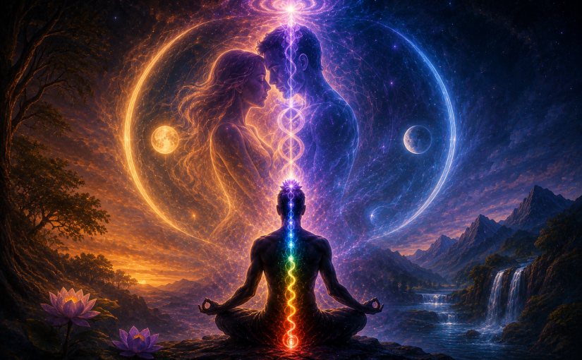 Surreal symbolic depiction of sexual union, kundalini energy, and meditation, with a luminous energy rising through the spine toward a radiant crown and lotus, surrounded by cosmic light, mountains, and flowing water.
