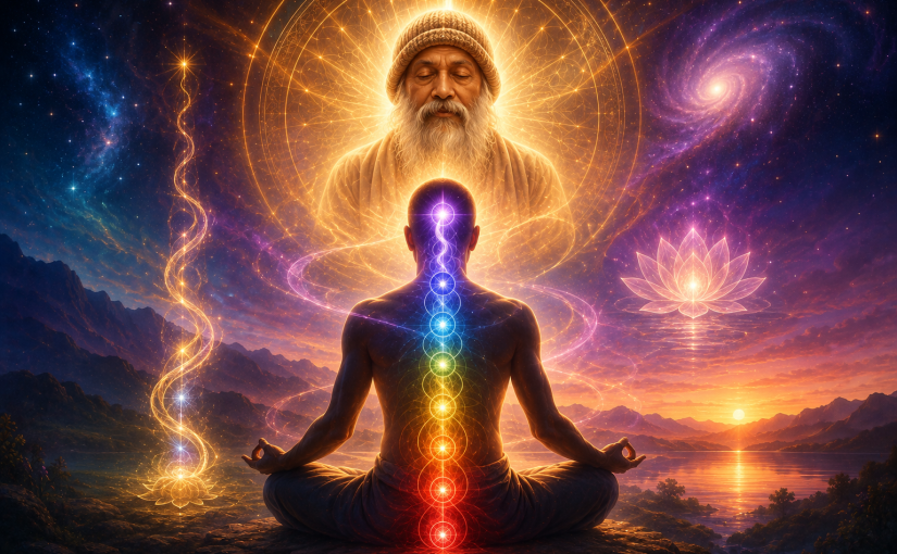 Meditating figure with glowing chakras and kundalini energy rising through the spine toward a luminous guru image, symbolizing nondual contemplation, inner vision, and savikalpa samadhi.