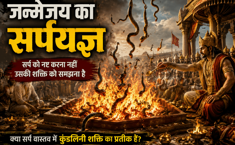 जन्मेजय का सर्पयज्ञ—यज्ञाग्नि में गिरते सर्प, राजा जन्मेजय और ऋषियों के बीच विशाल वैदिक यज्ञ का दृश्य; सर्पों को कुण्डलिनी शक्ति के प्रतीक के रूप में दर्शाया गया है।