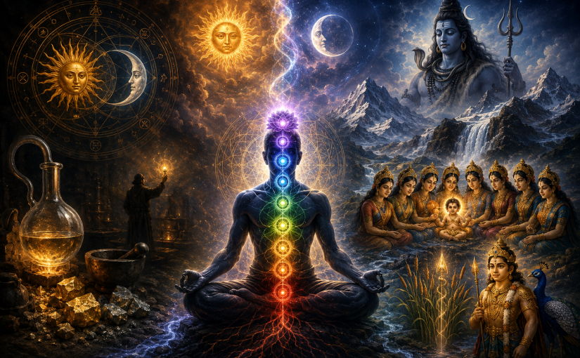 A symbolic scene connecting alchemy, kundalini and the birth of Kartikeya: a meditating figure with seven ascending chakras stands between an alchemical laboratory and the Himalayan landscape, with Shiva, the seven Kṛttikā mothers, radiant child Kartikeya, and the Sun and Moon representing transformation from latent energy to awakened consciousness.