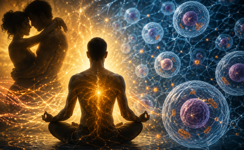 A meditating figure surrounded by golden energy, with an embracing couple on one side and glowing microscopic cells on the other, symbolizing calm awareness amid intense bodily activity.