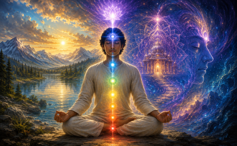 Meditating figure with closed eyes and glowing chakras, surrounded by Himalayan mountains, a luminous temple, cosmic energy, and a radiant third-eye lotus symbolizing inner awakening and spiritual perception.
