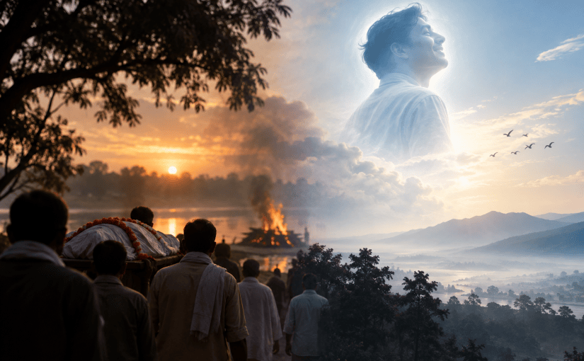 A funeral procession carries a shrouded body toward a riverside cremation fire at sunset, while a serene translucent spirit rises above the misty landscape, symbolizing death, spiritual continuity, and the possibility of life beyond the body.