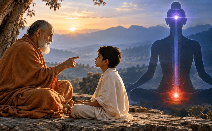 Guru guiding a young Baba in meditation, symbolizing Tantra, Kundalini awakening, and the movement of awareness from Muladhara to Ajna chakra.