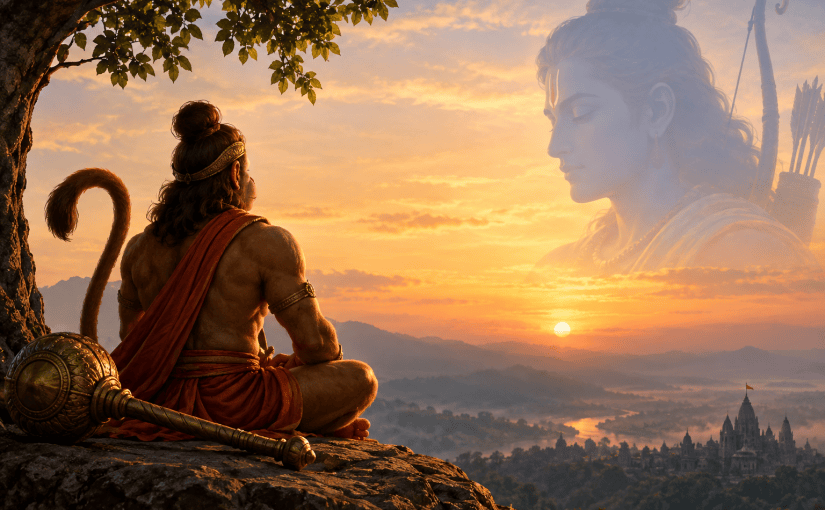 Meditating Hanuman sits on a mountain ledge at sunrise, gazing toward a luminous vision of Rama in the sky, symbolizing the journey from active devotion to inner spiritual rest.