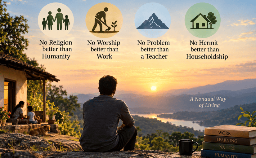 A serene sunrise over mountains showing four symbols of humanity, work, learning, and household life, representing a nondual path where humanity is religion, work is worship, problems are teachers, and household life is spiritual practice.