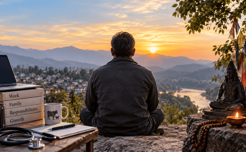 A man meditating at sunrise in a mountain valley, surrounded by symbols of work, family, responsibility and spiritual practice, representing nondual meditation, worldly life and self-realisation.