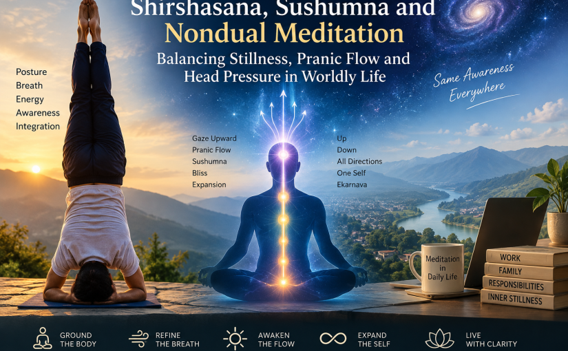 A meditating yogi and a person in Shirshasana against Himalayan mountains and a cosmic sky, symbolizing Sushumna, pranic flow, stillness, self-expansion, and nondual meditation in daily life.