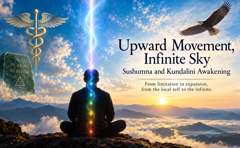 Meditating figure with glowing chakras and an upward energy stream beneath an infinite sky, symbolizing sushumna, Kundalini awakening, and spiritual ascent.