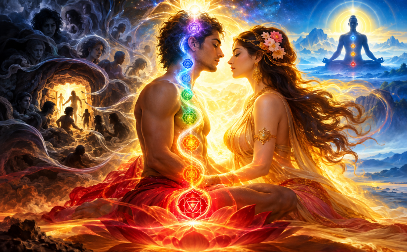 Kundalini Shakti awakening through sexual attraction, with a man and Goddess surrounded by rising chakra energy, symbolic subconscious impurities, and a meditating figure representing spiritual awakening.