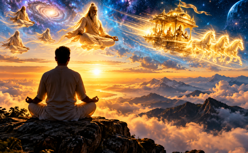 Meditating yogi overlooking a cosmic sky, with ancient flying yogis and a luminous celestial vehicle symbolizing breathless dhyana and the mystical flight of consciousness.