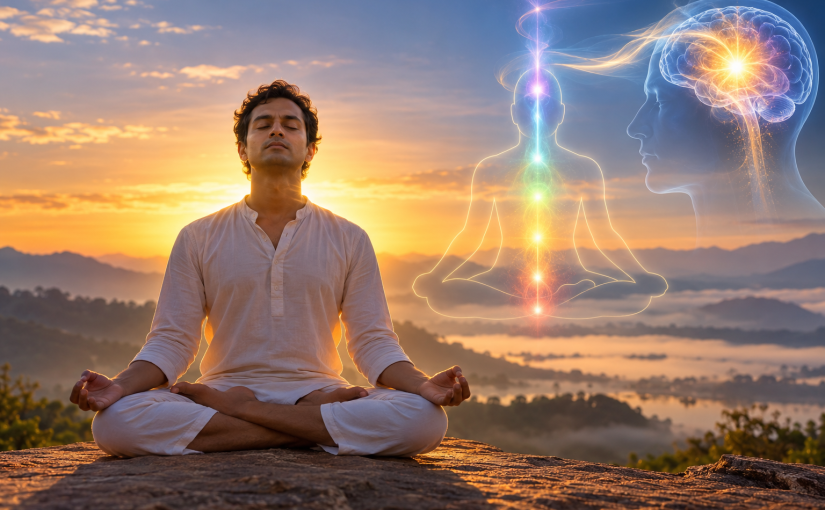 Meditator in Padmasana at dawn experiencing deep spontaneous dhyana, with a luminous chakra pathway and rising Kundalini energy symbolizing inner stillness, vastness, and Samadhi.