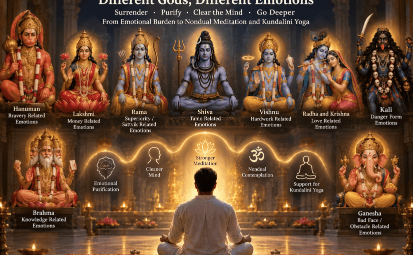 A meditator sits before a radiant group of Hindu deities in a richly illuminated temple, with a spiral of golden light rising through the meditator toward the divine forms, symbolizing emotional surrender, purification, nondual meditation, and Kundalini yoga.