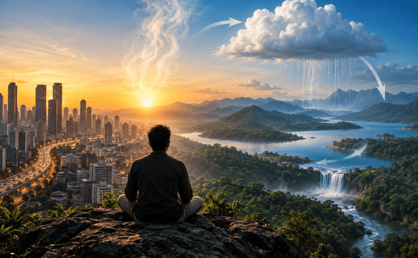 A meditating person sits between a glowing modern city and a lush mountain landscape, symbolizing the transition from social order to inner spiritual order, with clouds, rain, rivers and waterfalls evoking transformation and the water cycle.