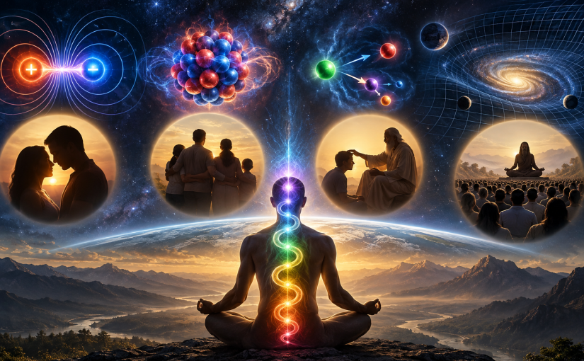 Symbolic cosmic scene connecting Kundalini meditation with the four fundamental forces, showing a meditating figure beneath galaxies, particles, curved spacetime, human relationships, and a spiritual teacher addressing a crowd.