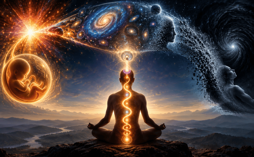 Meditating figure with glowing kundalini energy connecting a human body to a cosmic scene of birth, expanding galaxies, and dissolution into a dark void.