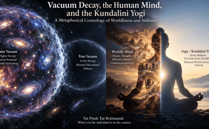 Symbolic illustration contrasting a high-energy false vacuum filled with cosmic galaxies and fluctuations with a calm true vacuum, alongside a worldly human mind transforming into the serene stillness of a sage or kundalini yogi, representing the microcosm–macrocosm correspondence.