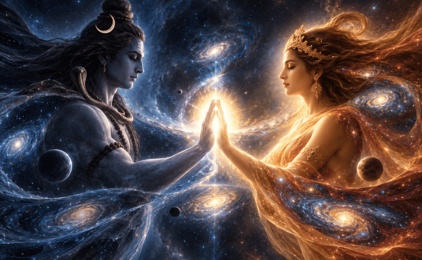Shiva and Shakti facing each other in a cosmic universe, their joined hands symbolizing conception, creation, and the cyclical renewal of the universe.