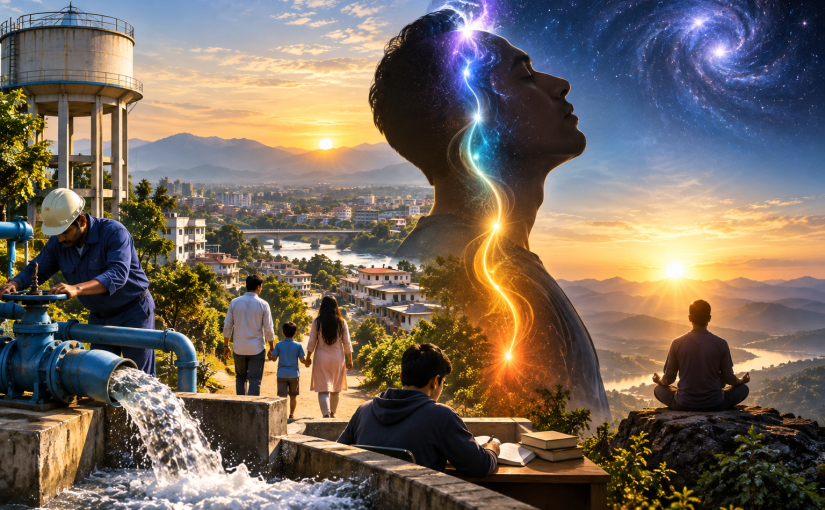 A symbolic landscape showing organized water infrastructure and community life on one side, and meditation, rising energy, mountains, and cosmic imagery on the other, representing social order, human freedom, spiritual practice, and awakening.