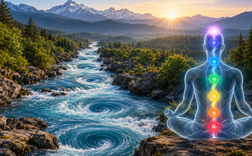 A serene mountain river with swirling whirlpools flows toward snow-capped peaks at sunrise, beside a translucent meditating figure whose glowing seven chakras symbolize kundalini rising through the spine.