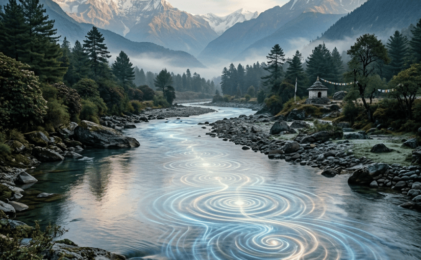Mountain river flowing through a forested valley beneath snow-capped peaks
