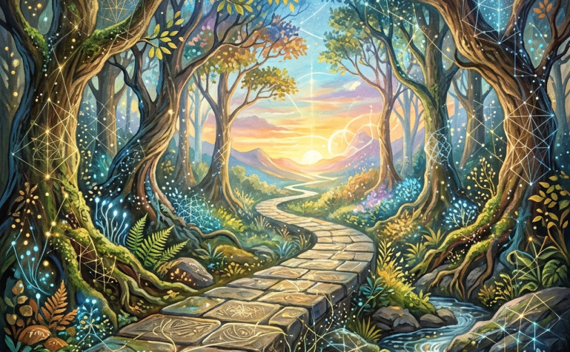 Mystical forest with glowing stone path, stream, and sunset valley