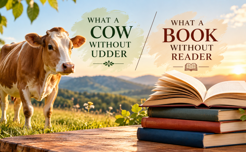 A cow standing in a sunlit meadow beside a stack of books and an open book, with the message “What a Cow Without Udder, What a Book Without Reader” against a warm golden-hour countryside backdrop.