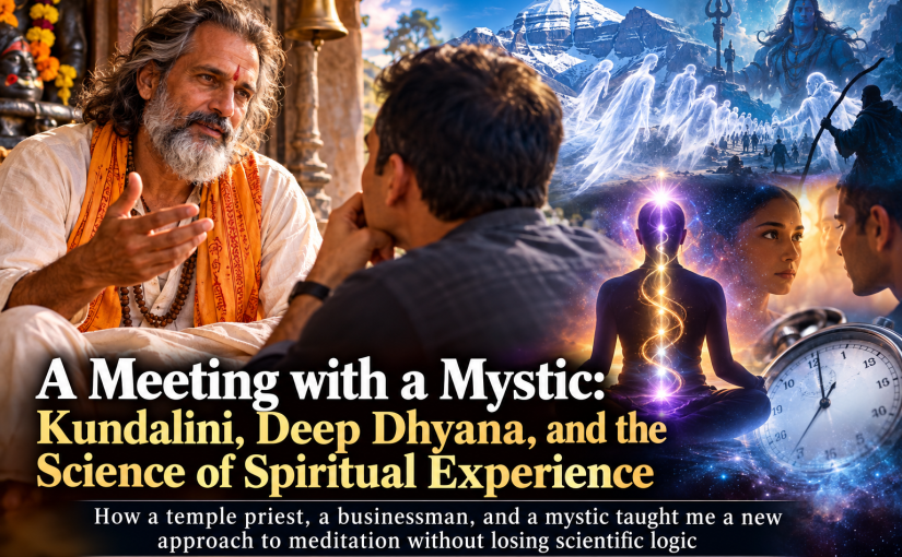A mystic temple priest discusses Kundalini awakening and deep dhyana with a seeker, alongside imagery of meditation, Mount Kailash, spiritual experiences, and altered time perception.