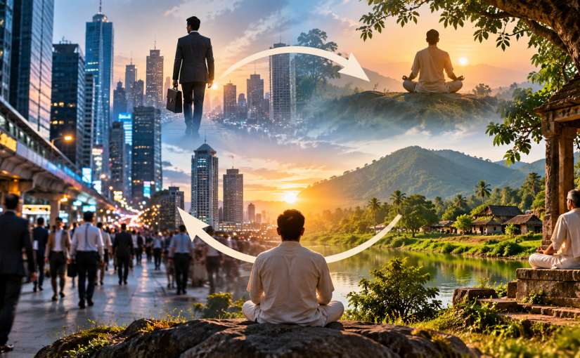 A person can benefit from both environments by practising active karmayoga through Sharirvigyan Darshan in a busy, materialistic setting and passive, Kundalini-oriented yoga in a peaceful environment. The former allows spirituality to develop through worldly action, nondual contemplation and detachment, while also testing their stability amid everyday pressures. The latter provides favourable conditions for meditation, inwardness and deeper yogic experiences. By experiencing both, a person may grasp the spiritual essence of each environment and integrate active engagement with passive contemplation in a balanced way.