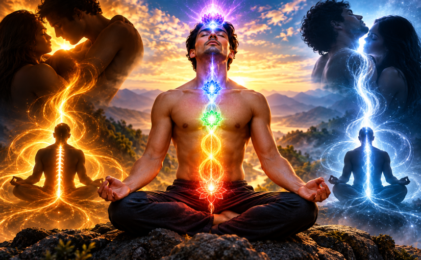 Kundalini meditation showing sexual energy transformation, rising prana, illuminated chakras, and spiritual awakening through semen retention and release.