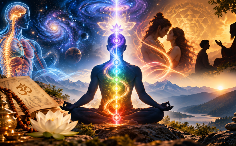 Mystical Kundalini awakening illustration featuring a meditating figure with glowing seven chakras, cosmic galaxies, human anatomy, sacred geometry, tantric yoga, a spiritual guru, and Himalayan mountains at sunrise.