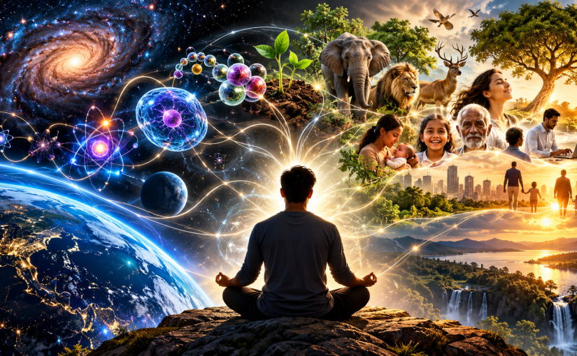 Meditating person surrounded by interconnected quantum particles, Earth, nature, animals, people, and galaxies, symbolizing the unity and selfhood of everything.
