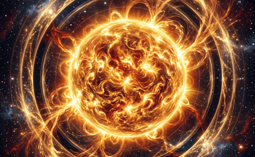 Glowing golden star surrounded by swirling energy in a star-filled galaxy