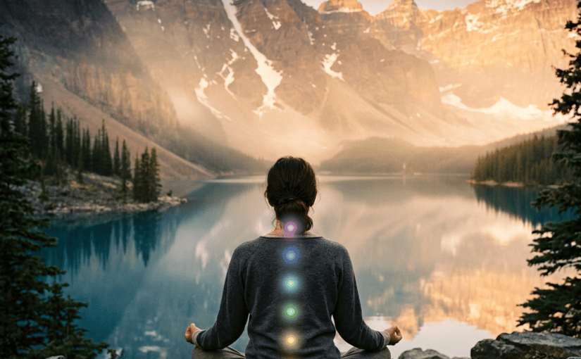 Person meditating on a mat beside a mountain lake at sunrise