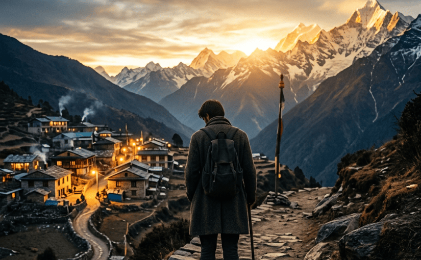 Traveler with backpack overlooking a mountain village and snow-capped peaks at sunset