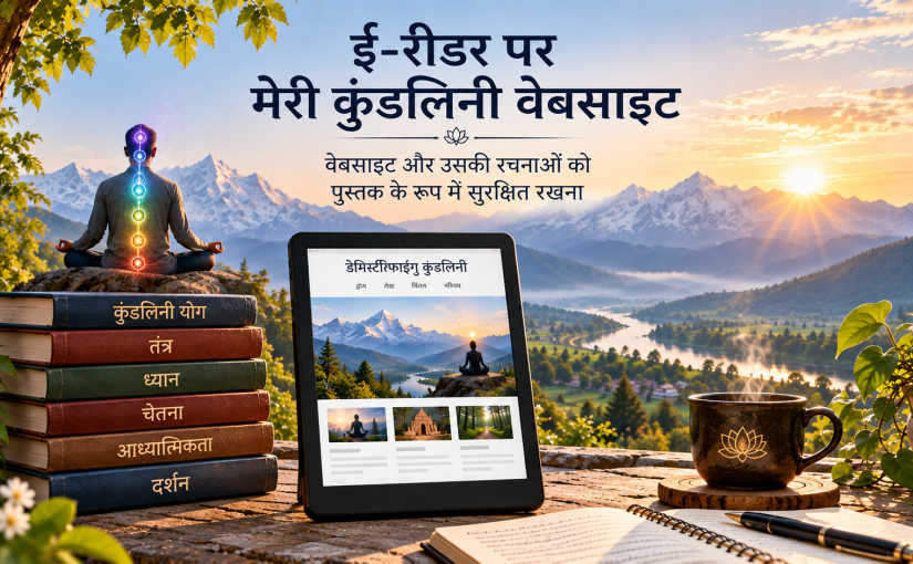 ई-रीडर पर मेरी कुंडलिनी वेबसाइट, जिसमें कुंडलिनी योग, तंत्र, ध्यान, चेतना, आध्यात्मिकता और दर्शन से संबंधित लेखन को पुस्तक के रूप में दर्शाया गया है