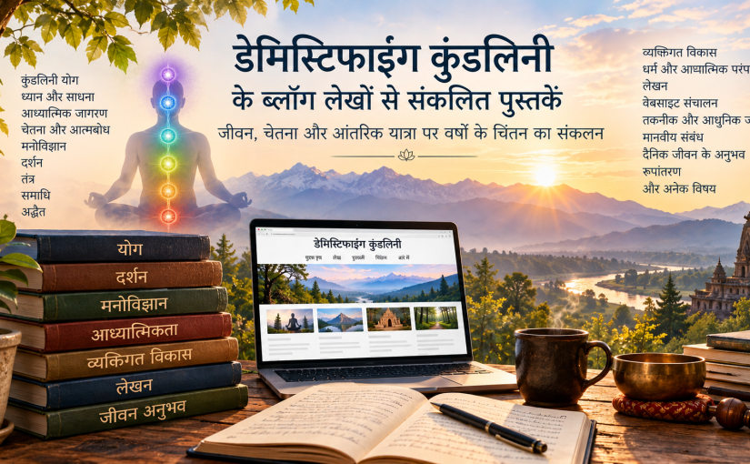 डेमिस्टिफाइंग कुंडलिनी ब्लॉग लेखों से संकलित पुस्तकें, जिनमें कुंडलिनी योग, ध्यान, दर्शन, मनोविज्ञान, आध्यात्मिक जागरण और जीवन के अनुभवों पर चिंतन शामिल है