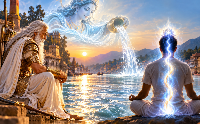 Bhishma Pitamaha meditating beside the Ganga as Goddess Ganga blesses the river, alongside a meditator experiencing Kundalini rising through the spine, symbolizing inner purification, emotional healing and nondual awareness.