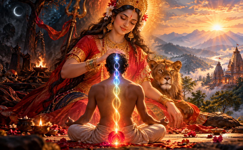 Goddess Durga blessing a meditating devotee as glowing Kundalini energy rises toward spiritual awakening, with a lion, sacred fire and Himalayan temples at sunrise.
