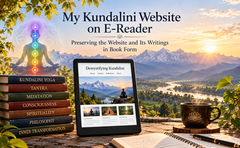 My Kundalini Website on E-Reader with a meditating figure, e-reader, and books representing Kundalini Yoga, Tantra, meditation, consciousness, spirituality, and philosophy