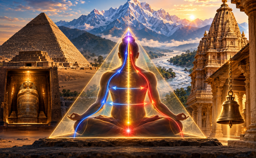Egyptian pyramids, a meditating yogi, the Himalayan Ganga and a Hindu temple symbolizing Kundalini, Sushumna and spiritual transcendence.