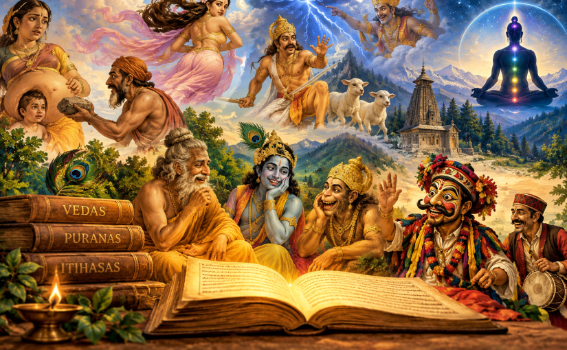 Indian mythology, Vedic and Puranic stories, humorous depictions of gods, and Kariyala folk theatre exploring consciousness and ancient wisdom.
