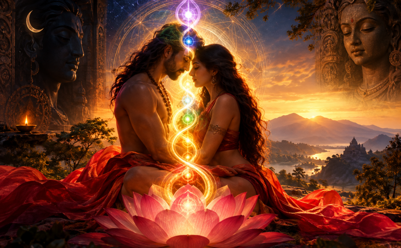 Tantric couple meditating in a spiritual embrace with glowing Kundalini energy, chakra lights, and a lotus against a Himalayan sunset.