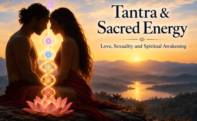 A couple symbolizing sacred love and Kundalini awakening, with luminous chakras against a golden mountain sunrise